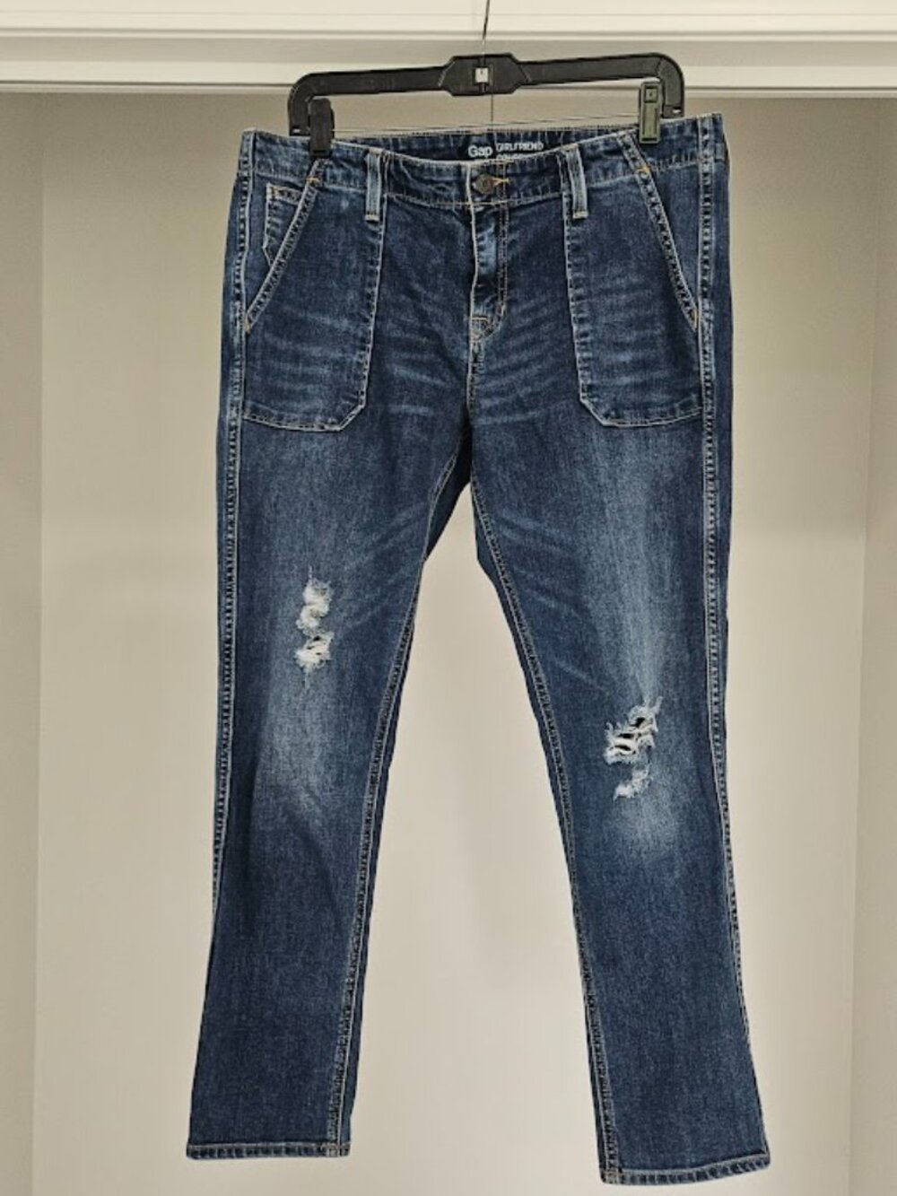 GAP Y2K Blue Girlfriend Jeans Retro 2000s Distressed Ripped 10 30 Grunge Utility